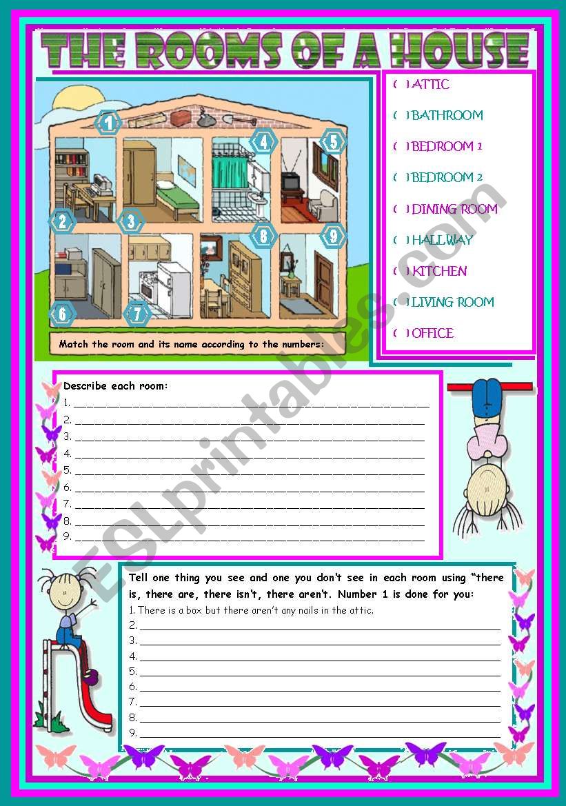 The rooms of a house â€“ vocabulary (rooms, furniture and appliances) and grammar (there is, there are) [3 tasks] ***editable